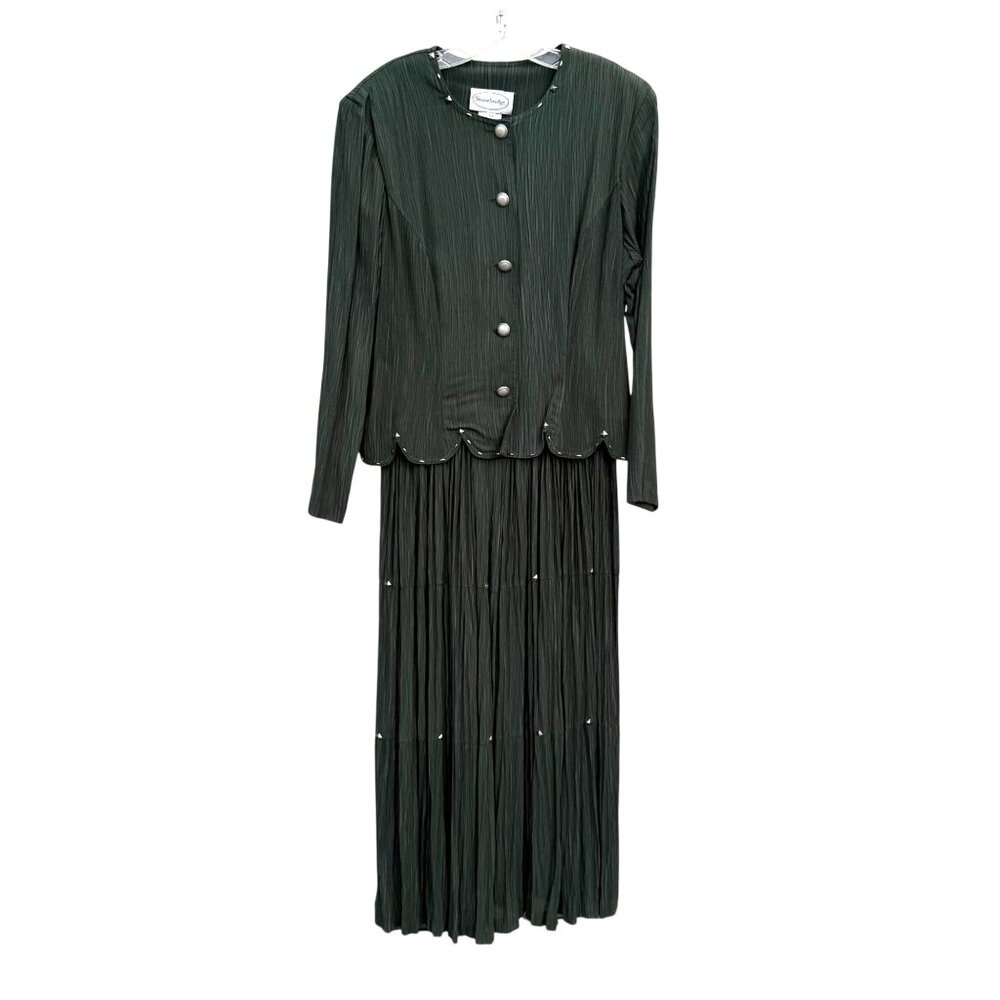 Stonebridge VTG Western Dress 14 Dark Green Crinkle Pleated Elegant Flowy Button